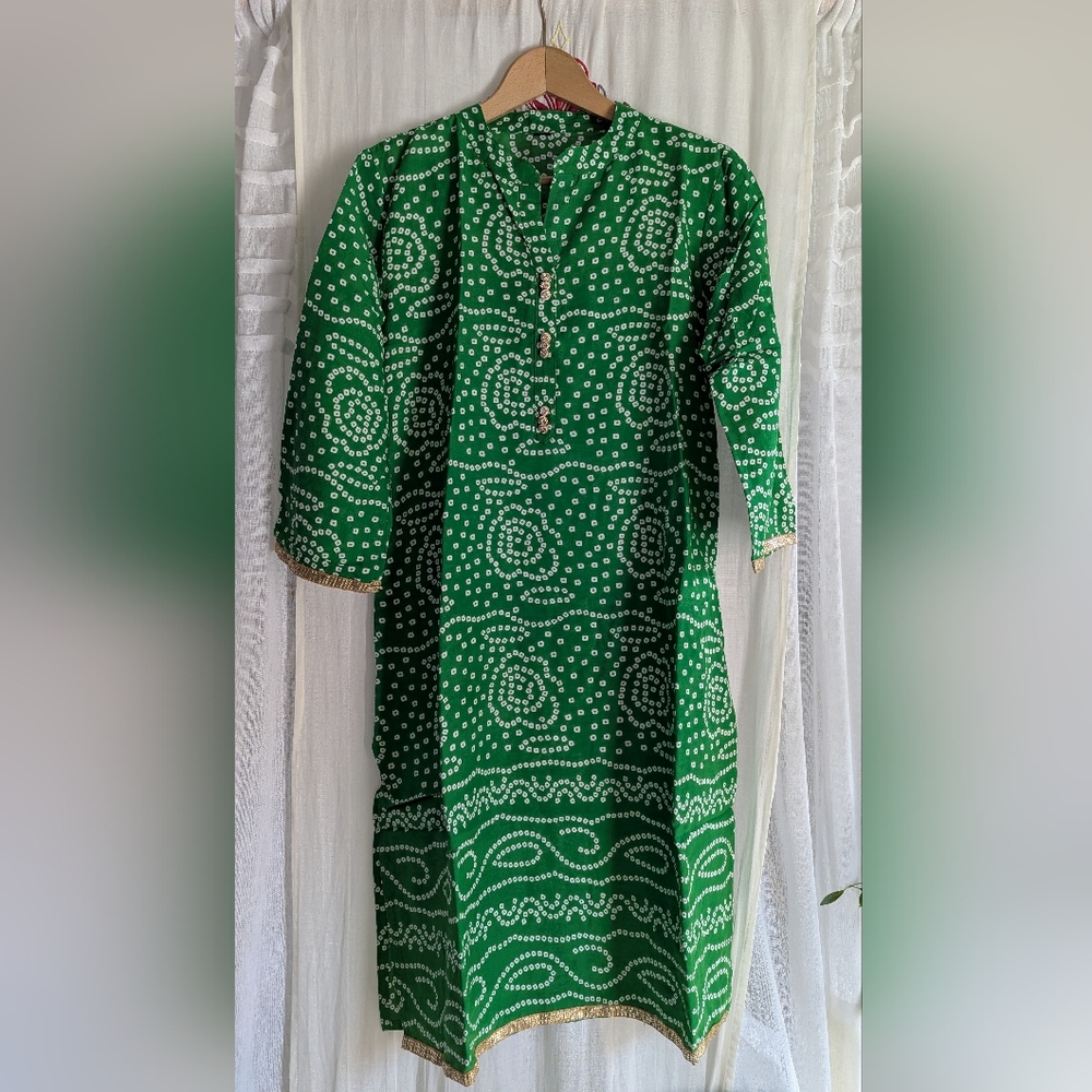 ๐ New Grass Green White Gold Trim Kurta Dress M Tunic Party - Picture 3 of 16